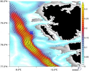 Deutlich zu sehen ist, wie sich zu unterschiedlichen Zeiten die Strömungsverhältnisse direkt an den untersuchten Methanquellen (blaues Quadrat) unterscheiden. Simulation und Visualisierung: Geomar