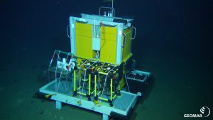 Elevator lander on the seafloor. Image taken during cruise SO242/2 in the DISCOL area at 4100 m depth by ROV KIEL 6000. The Investigations were part of the JPIOceans project "Ecological Aspects of Deep-Sea Mining".