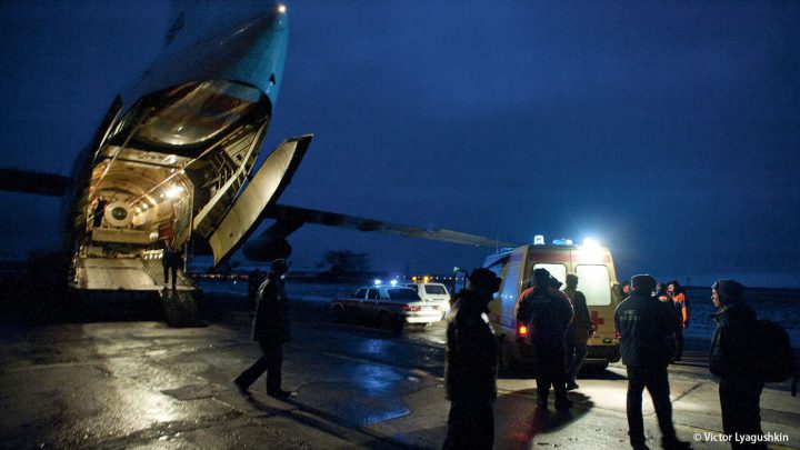 Ready for take off: die IL-76 mit der mobilen Dekokammer an Bord.