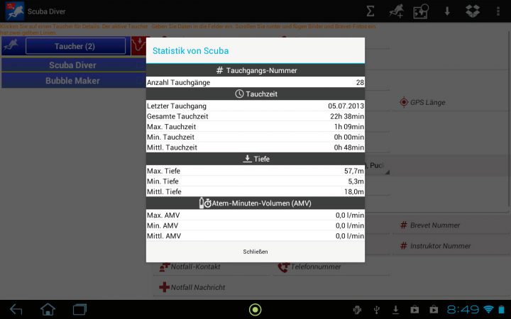Statistik für Taucher: Alle Daten, die der Tauchcomputer aufzeichnet, finden sich im Logbuch in verschiedenen Ansichten.